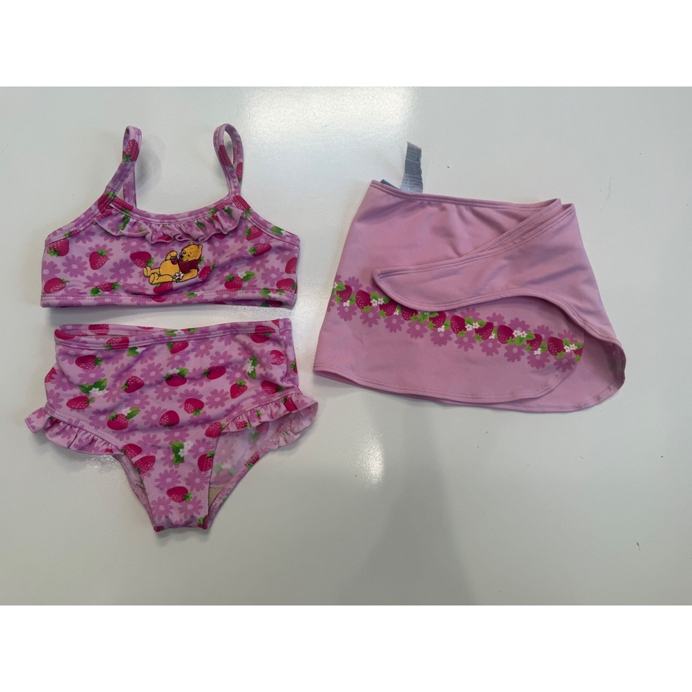 Vintage Disney Baby Winnie Pooh Pink Strawberry Swimsuit Bikini & Skirt 12M 18M